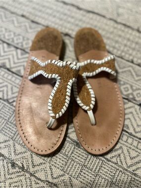 Jack Rogers Tan Leather & White-Trim Woven Thong Sandals